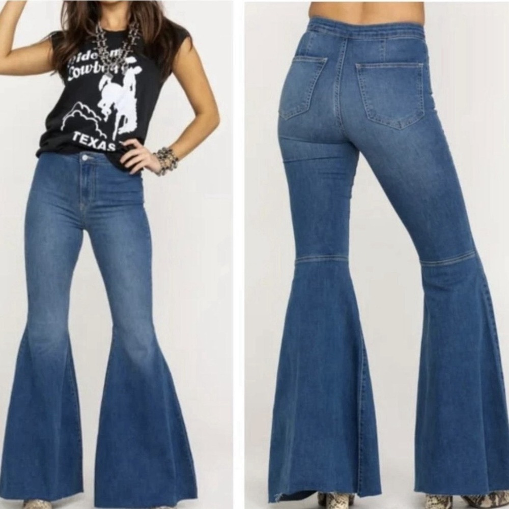 We The Free People Just Float On Flare Jeans Blue High Rise Bell Bottoms Size 27